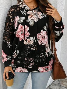EMERY ROSE 女款大尺碼印花袖蕾絲拼接連帽衛衣 秋季穿搭 蕾絲飾邊連帽運動衫 休閒優雅 早午餐 正式場合 黑白配色 - 彩色 - 查看 7