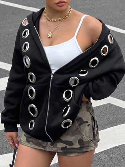 Muchica Plus Size Women's Eyelet Decor Zipper Casual Everyday Hooded Sweatshirt Fall