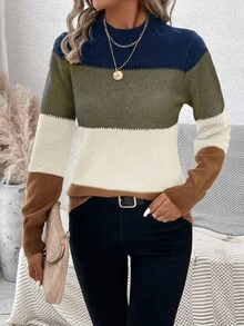 SHEIN LUNE Women's Color Block Round Neck Comfortable Warm Pullover Sweater With Patchwork For Autumn And Winter - Multicolor - View 5