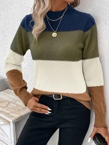 SHEIN LUNE Women's Color Block Round Neck Comfortable Warm Pullover Sweater With Patchwork For Autumn And Winter - Multicolor - View 4