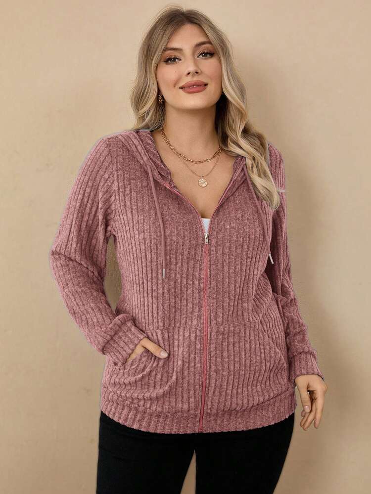 Rosumi Plus Size Women's Foggy Blue Zipper Fleece Casual Drawstring Lightweight Knit Sports Zipper Jacket With Pockets Zipper Hoodie Bussines Autumn Winter - Dusty Pink - View 9