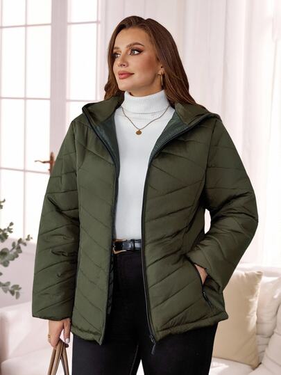 Rosumi Plus Size Women Winter Casual Zip-Up Hooded Thick Padded Coat,Army Green Warm Solid Color Jacket For Hiking,,Simple Fashionable Everyday Wear