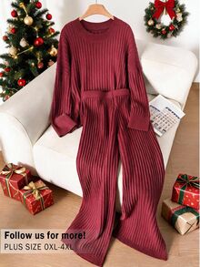CosyJoli Plus Size Women Solid Color Round Neck Long Sleeve Top And Pants Knit Set Dates Date Night Burgundy Autumn Normal Traditional Winter - Red - View 2