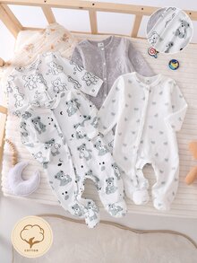 新生兒 4 件組可追溯棉質可愛熊圖案連腳連身衣套裝，柔軟長袖按扣睡衣，適合秋冬 - 彩色 - 查看 1