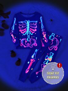 Baju Anak Perempuan Musim Gugur/Dingin yang Pas di Badan dengan Motif Tengkorak dan Halloween yang Keren dan Manis, Sempurna untuk di Rumah, Pakaian Santai, Pesta, dan Paduan dengan Keluarga. - Purple - View 2
