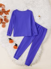 Baju Anak Perempuan Musim Gugur/Dingin yang Pas di Badan dengan Motif Tengkorak dan Halloween yang Keren dan Manis, Sempurna untuk di Rumah, Pakaian Santai, Pesta, dan Paduan dengan Keluarga. - Purple - View 3