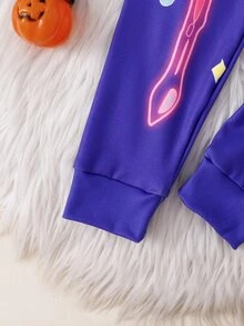 Baju Anak Perempuan Musim Gugur/Dingin yang Pas di Badan dengan Motif Tengkorak dan Halloween yang Keren dan Manis, Sempurna untuk di Rumah, Pakaian Santai, Pesta, dan Paduan dengan Keluarga. - Purple - View 8