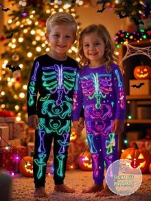 Baju Anak Perempuan Musim Gugur/Dingin yang Pas di Badan dengan Motif Tengkorak dan Halloween yang Keren dan Manis, Sempurna untuk di Rumah, Pakaian Santai, Pesta, dan Paduan dengan Keluarga. - Purple - View 1