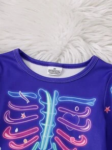 Baju Anak Perempuan Musim Gugur/Dingin yang Pas di Badan dengan Motif Tengkorak dan Halloween yang Keren dan Manis, Sempurna untuk di Rumah, Pakaian Santai, Pesta, dan Paduan dengan Keluarga. - Purple - View 4