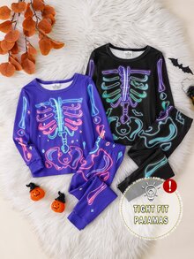 Baju Anak Perempuan Musim Gugur/Dingin yang Pas di Badan dengan Motif Tengkorak dan Halloween yang Keren dan Manis, Sempurna untuk di Rumah, Pakaian Santai, Pesta, dan Paduan dengan Keluarga. - Purple - View 7