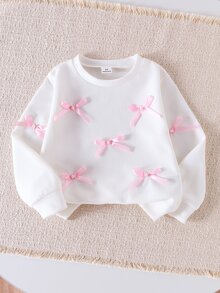 幼童女童 2 件組秋季白色羅紋針織衛衣上衣，珍珠多蝴蝶結裝飾，搭配粉色喇叭褲，可愛甜美風格秋季服飾 - 白色 - 查看 5