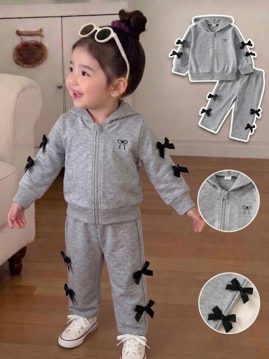 SHEIN Infant Girls Autumn/Winter Soft Comfortable Sweet Cute Bowknot Decor Embroidered Grey Long Sleeve Hooded Sweatshirt And Pants 2 Pieces Set