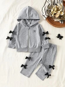 SHEIN Infant Girls Autumn/Winter Soft Comfortable Sweet Cute Bowknot Decor Embroidered Grey Long Sleeve Hooded Sweatshirt And Pants 2 Pieces Set - Grey - View 4