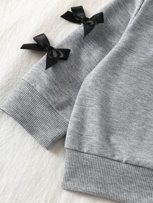 SHEIN Infant Girls Autumn/Winter Soft Comfortable Sweet Cute Bowknot Decor Embroidered Grey Long Sleeve Hooded Sweatshirt And Pants 2 Pieces Set - Grey - View 7