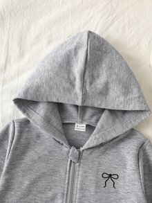 SHEIN Infant Girls Autumn/Winter Soft Comfortable Sweet Cute Bowknot Decor Embroidered Grey Long Sleeve Hooded Sweatshirt And Pants 2 Pieces Set - Grey - View 6