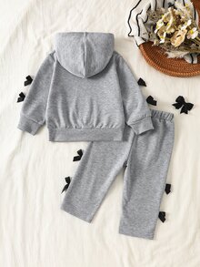 SHEIN Infant Girls Autumn/Winter Soft Comfortable Sweet Cute Bowknot Decor Embroidered Grey Long Sleeve Hooded Sweatshirt And Pants 2 Pieces Set - Grey - View 3