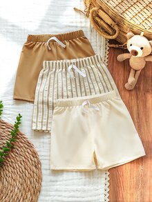 SHEIN Vintaside Kids 3pcs Toddler Casual Shorts Set,Khaki Solid,Light Brown Striped Pattern & Pure White Straight Leg Drawstring Shorts,Soft & Clean Suitable For Summer - Multicolor - View 9