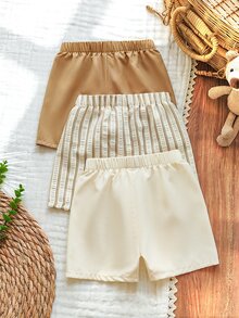 SHEIN Vintaside Kids 3pcs Toddler Casual Shorts Set,Khaki Solid,Light Brown Striped Pattern & Pure White Straight Leg Drawstring Shorts,Soft & Clean Suitable For Summer - Multicolor - View 3