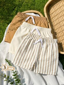 SHEIN Vintaside Kids 3pcs Toddler Casual Shorts Set,Khaki Solid,Light Brown Striped Pattern & Pure White Straight Leg Drawstring Shorts,Soft & Clean Suitable For Summer - Multicolor - View 2