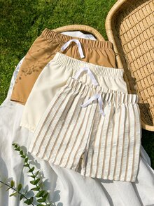 SHEIN Vintaside Kids 3pcs Toddler Casual Shorts Set,Khaki Solid,Light Brown Striped Pattern & Pure White Straight Leg Drawstring Shorts,Soft & Clean Suitable For Summer - Multicolor - View 8