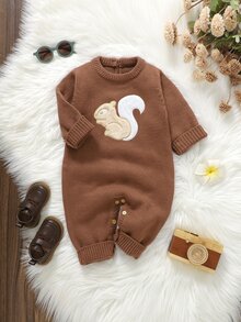SHEIN Baby Knitted Romper With Cute Squirrel Applique, Soft Cozy Ribbed One-Piece Jumpsuit, Casual Style For Infants And Toddlers,Autumn And Winter - Brown - View 6
