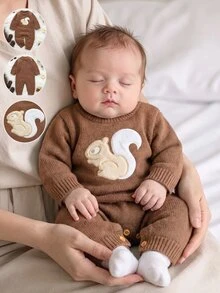 SHEIN Baby Knitted Romper With Cute Squirrel Applique, Soft Cozy Ribbed One-Piece Jumpsuit, Casual Style For Infants And Toddlers,Autumn And Winter - Brown - View 8