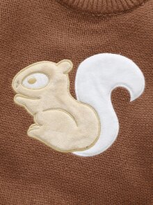 SHEIN Baby Knitted Romper With Cute Squirrel Applique, Soft Cozy Ribbed One-Piece Jumpsuit, Casual Style For Infants And Toddlers,Autumn And Winter - Brown - View 7