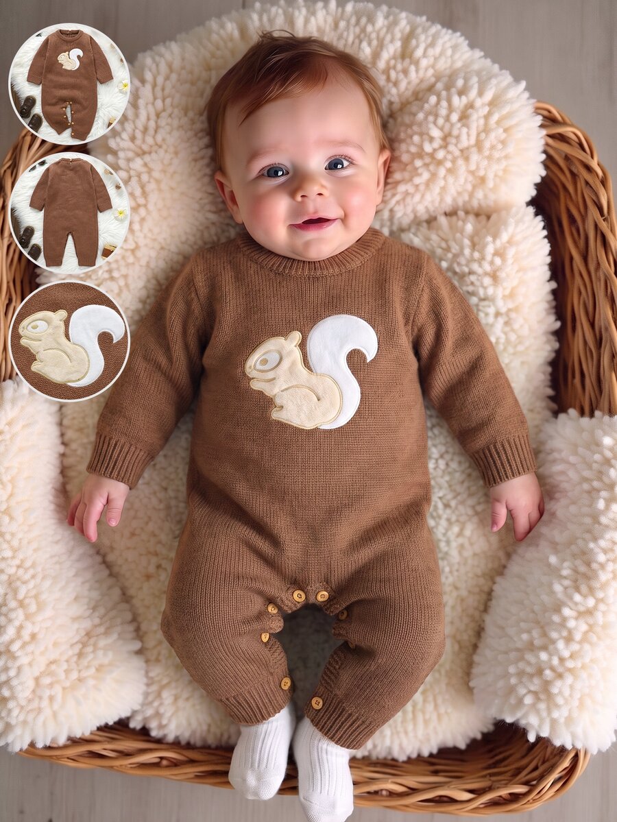 SHEIN Baby Knitted Romper With Cute Squirrel Applique, Soft Cozy Ribbed One-Piece Jumpsuit, Casual Style For Infants And Toddlers,Autumn And Winter - Brown - View 1