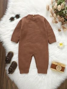 SHEIN Baby Knitted Romper With Cute Squirrel Applique, Soft Cozy Ribbed One-Piece Jumpsuit, Casual Style For Infants And Toddlers,Autumn And Winter - Brown - View 2