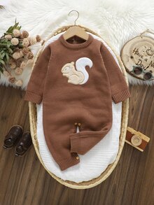 SHEIN Baby Knitted Romper With Cute Squirrel Applique, Soft Cozy Ribbed One-Piece Jumpsuit, Casual Style For Infants And Toddlers,Autumn And Winter - Brown - View 3