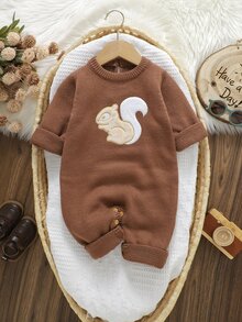 SHEIN Baby Knitted Romper With Cute Squirrel Applique, Soft Cozy Ribbed One-Piece Jumpsuit, Casual Style For Infants And Toddlers,Autumn And Winter - Brown - View 9