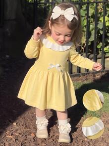 SHEIN Baby Girl Colorblock Patchwork Ruffle Long Sleeve Cute Knitted Dress Family Matching White Autumn Cute Babygirl - Yellow - View 5
