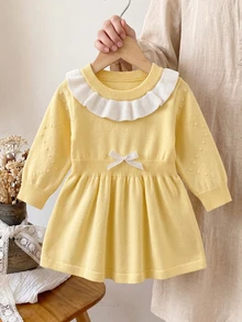 SHEIN Baby Girl Colorblock Patchwork Ruffle Long Sleeve Cute Knitted Dress Family Matching White Autumn Cute Babygirl - Yellow - View 11