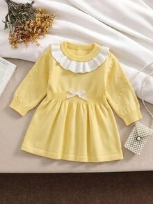 SHEIN Baby Girl Colorblock Patchwork Ruffle Long Sleeve Cute Knitted Dress Family Matching White Autumn Cute Babygirl - Yellow - View 3