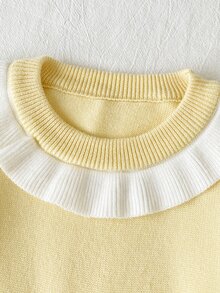 SHEIN Baby Girl Colorblock Patchwork Ruffle Long Sleeve Cute Knitted Dress Family Matching White Autumn Cute Babygirl - Yellow - View 7