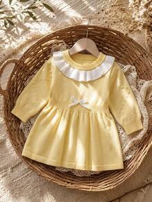 SHEIN Baby Girl Colorblock Patchwork Ruffle Long Sleeve Cute Knitted Dress Family Matching White Autumn Cute Babygirl - Yellow - View 1