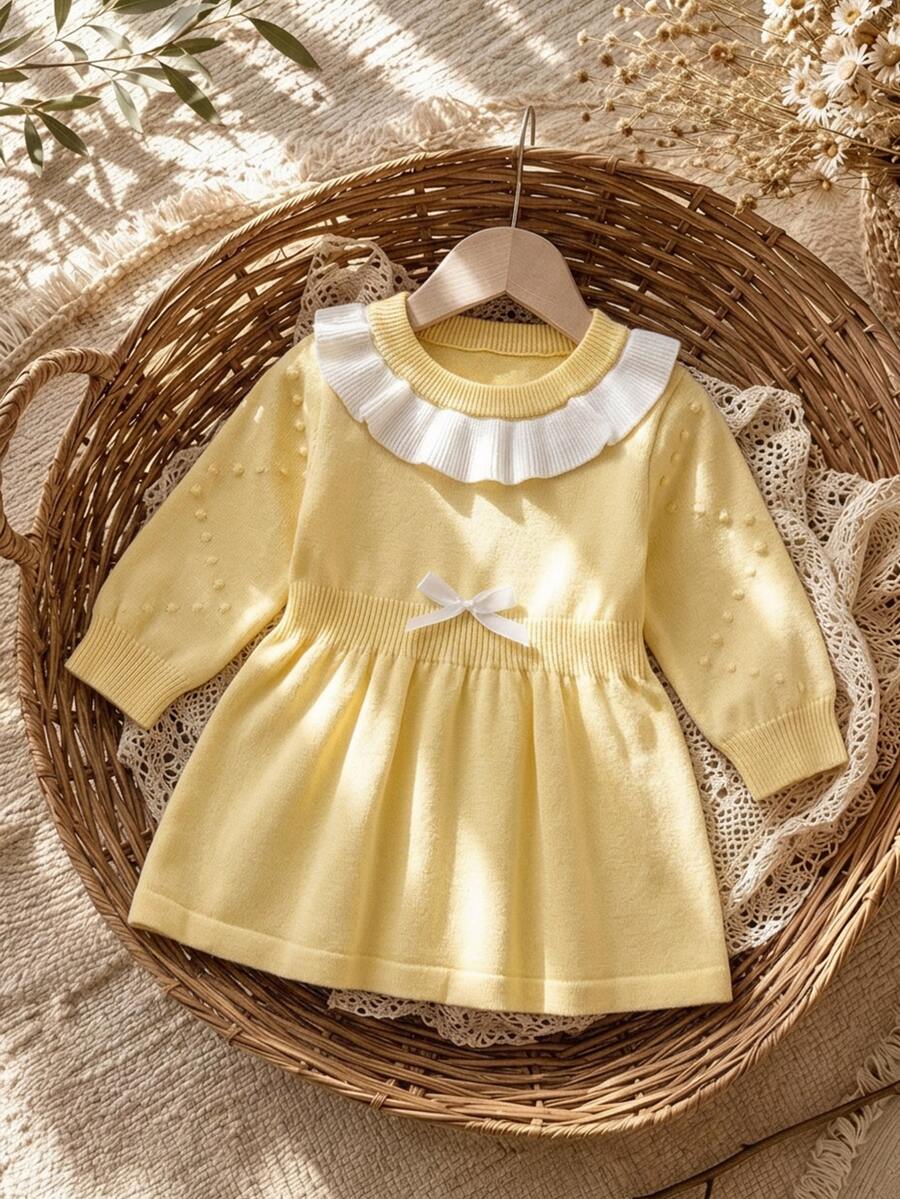 SHEIN Baby Girl Colorblock Patchwork Ruffle Long Sleeve Cute Knitted Dress Family Matching White Autumn Cute Babygirl - Yellow - View 1