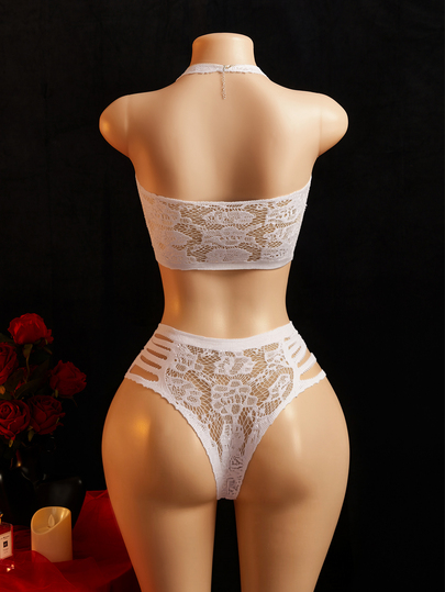 ChaseTheNight Women's Sexy Black Lace Halter Neck Criss-Cross Tie Bra + High Waist Panty 2pcs Set
