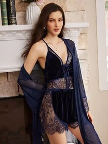 Moireta Women's Lace Patchwork Camisole Dress And Cardigan Sexy Daily Home Sleepwear Set - Navy Blue - View 7