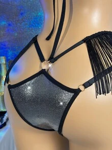 MidnightGlam 2件組時尚性感黑色流蘇內衣套裝，女性性感內衣，成人蜜月熱辣約會之夜蕾絲性感內衣套裝 - 銀色 - 查看 6