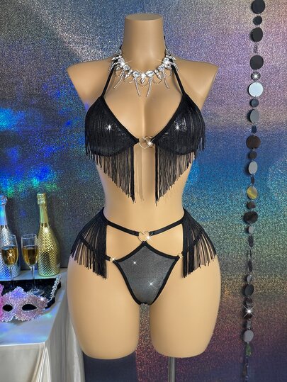 MidnightGlam 2pcs Fashionable Sexy Black Tassel Lingerie Set,Sexy Lingerie For Women,Adult ,Honeymoon,Hot,Date Night,Lingerie,Lace Sexy Lingerie,Sexy Outfit