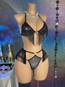 MidnightGlam 2件組時尚性感黑色流蘇內衣套裝，女性性感內衣，成人蜜月熱辣約會之夜蕾絲性感內衣套裝 - 銀色 - 查看 5