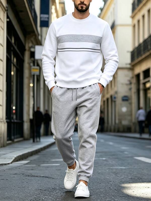 Manfinity Homme Men's Fashion Casual Active Streetwear Colorblock Black And White Striped Light Grey Sweatshirt Sweatpants Set Gym Work Autumn