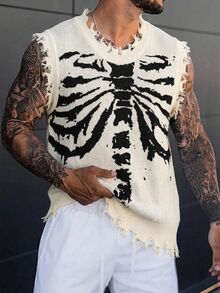 Manfinity EMRG 男士 80 年代搖滾街頭風骷髏圖案針織背心 流蘇設計 度假派對萬聖節亡靈節 白色 秋冬 黑白 - 黑與白 - 查看 8