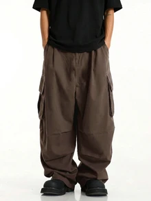 ÉpureWay Men Flap Pocket Side Drawstring Waist Oversize Cargo Pants, Fall Wide Leg - Chocolate Brown - View 4
