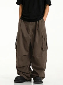ÉpureWay Men Flap Pocket Side Drawstring Waist Oversize Cargo Pants, Fall Wide Leg - Chocolate Brown - View 3