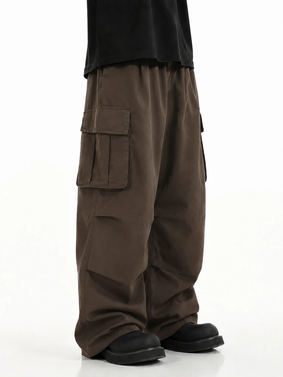 ÉpureWay Men Flap Pocket Side Drawstring Waist Oversize Cargo Pants, Fall Wide Leg - Chocolate Brown - View 1