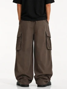 ÉpureWay Men Flap Pocket Side Drawstring Waist Oversize Cargo Pants, Fall Wide Leg - Chocolate Brown - View 2