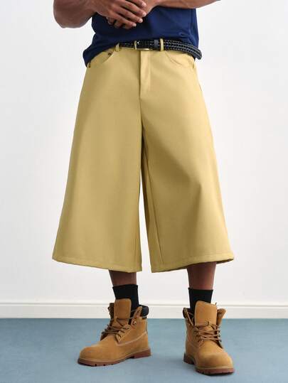 TOKVUE Men's Solid Color Pocket Wide Leg Loose Streetwear Capri Pants