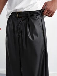 TOKVUE Celana Panjang Pria Kulit PU Hitam, Desain Niche, Modis, Serbaguna, Kasual, Potongan Longgar - Hitam - View 7